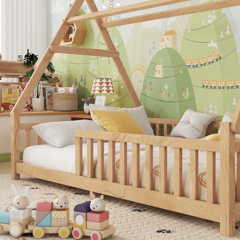 House Bed with Light, Low Toddler Floor Bed House-shaped Roof Frame with Fence and Roof for Kids Boys Girls