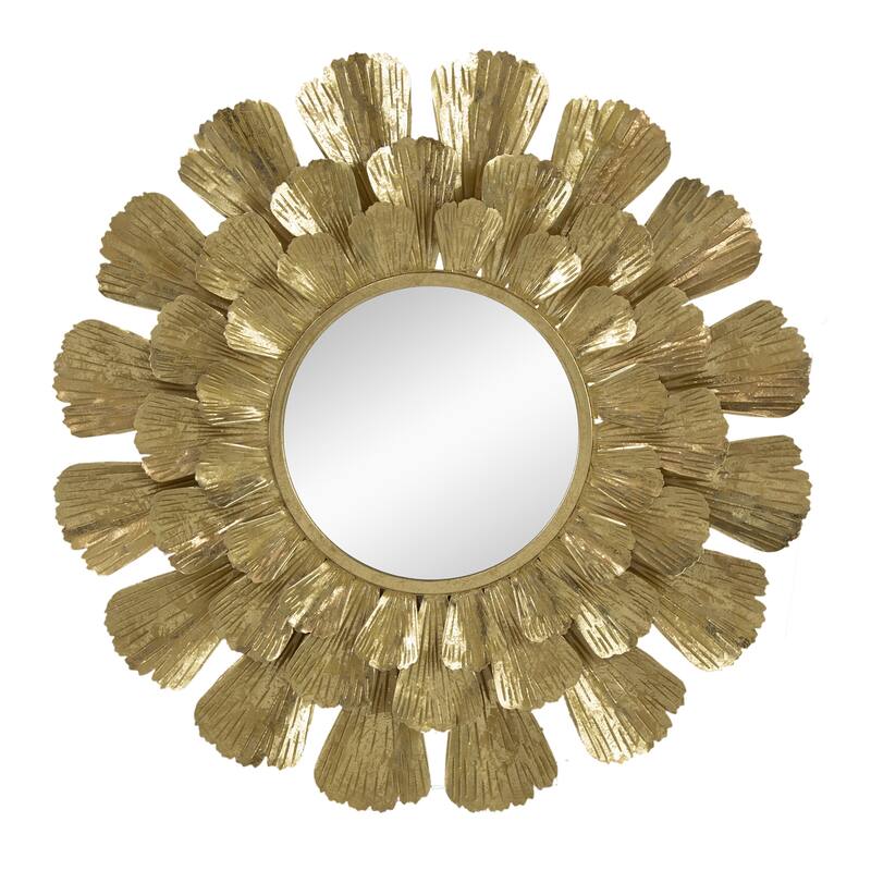 Round Gold Metal Mirror with Trumpet Vine Motif