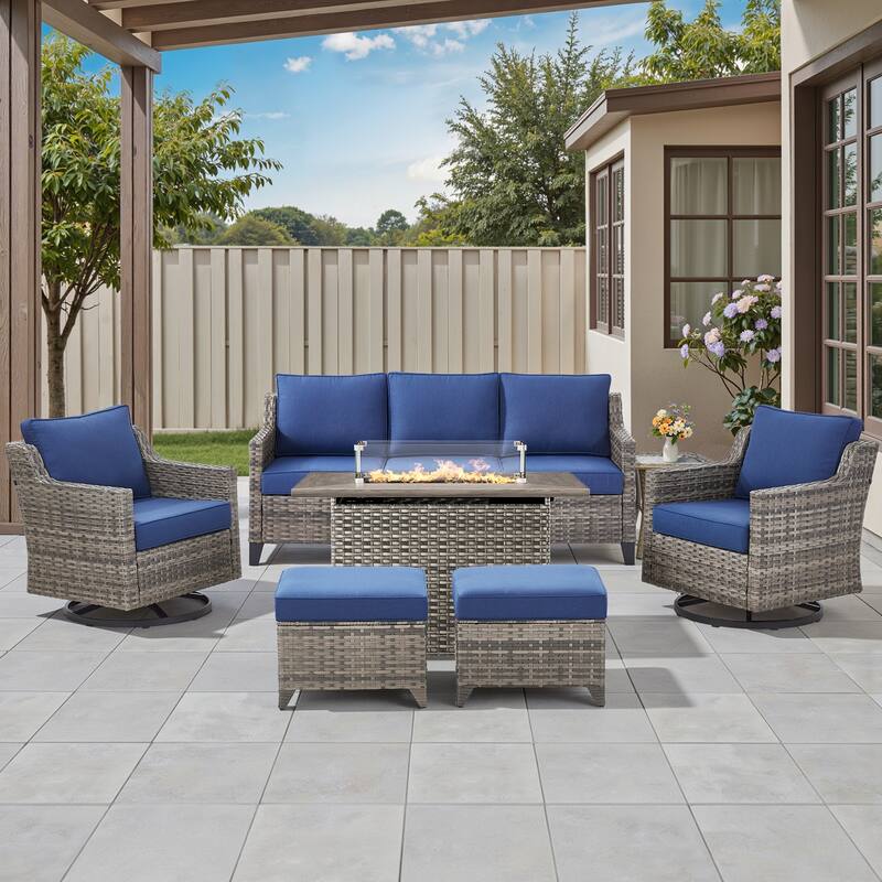 Pocassy 7 Pieces Sofa Siwvel Chair Ottoman w/ Fire Table - Blue Cushion Gray Wicker - 7-Piece Sofa Siwvel Chair Ottoman w/ Fire Table