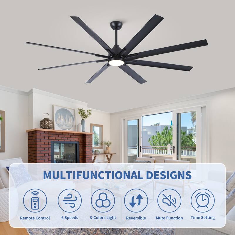 84 In Super Large Black Ceiling Fan with LED Light, 8 Aluminium Blades Ceiling Fan Chandelier - 84 Inch - Black - 84 Inch