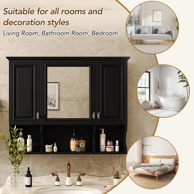 Modern 35" Bathroom Wall Cabinet with Mirror, Triple Doors, Adjustable Storage and Open Display Shelves
