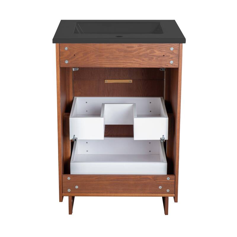 Daxton 24 In. Brown Walnut Bathroom Vanity With Black Ceramic Sink Top