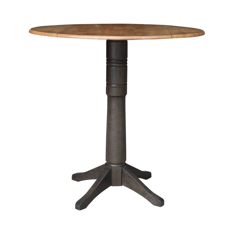 42 in. Round Top Dual Drop Leaf Pedestal Dining Table - Bar Height - Hickory/Washed Coal