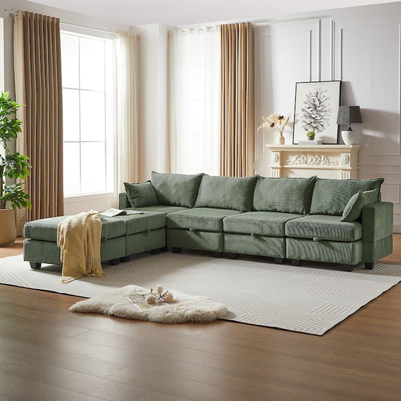 113.5" Corduroy U-Shaped Sectional Sofa with Ottoman