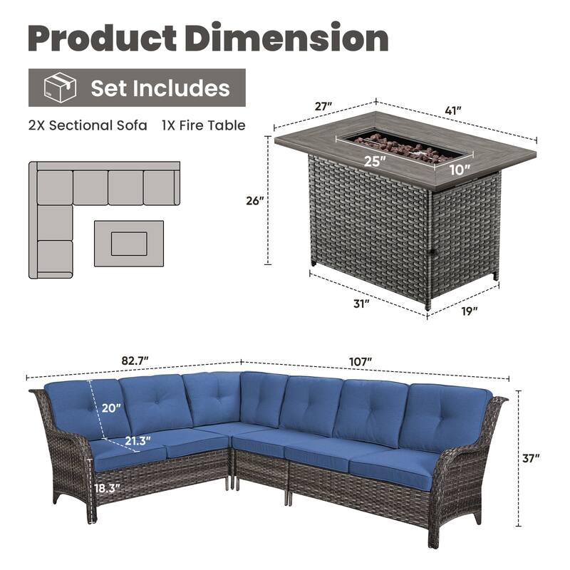 Gymojoy 2-Piece Outdoor Wicker Patio Furniture with Fire Pit and L-shaped Sectional Sofa, Coversation Set with Thick Cushions