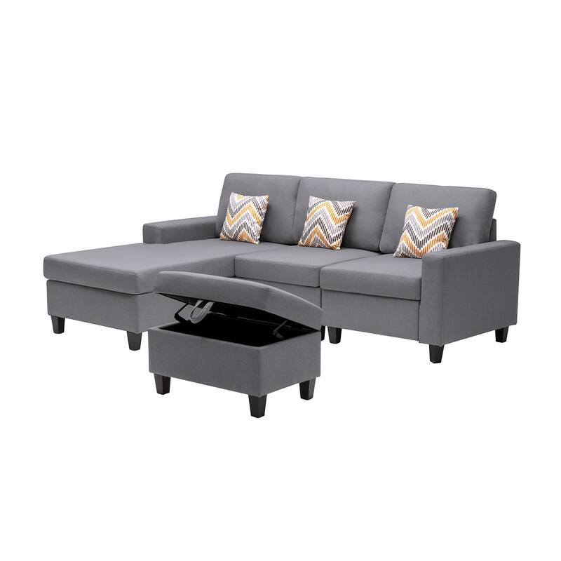 Linen Fabric 4 Piece Reversible Sofa Chaise with Interchangeable Legs and Storage Ottoman in Grey