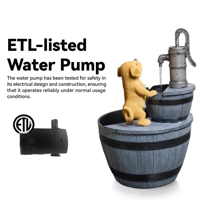 Farmhouse Tiered Outdoor Fountain – Faucet and Puppy Design, Weather Resistant Polyresin