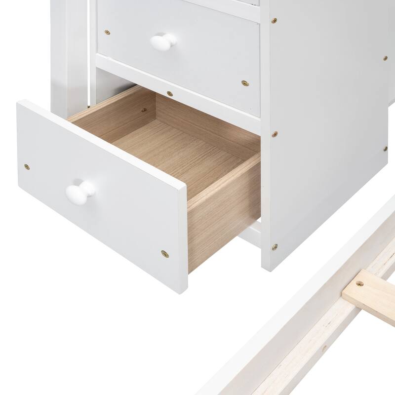 Space-Saving Twin Over Full Bunk Bed with Shelves, Drawers, and Storage Stairs in White