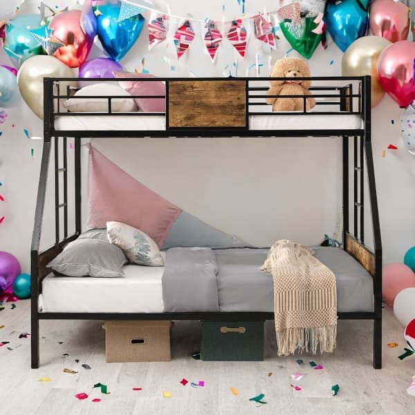 slide 2 of 8, Twin Over FULL Metal Bunk Bed with Trundle 2-Side Ladder and Full-Length Guardrail, No Box Spring Needed Black+Brown