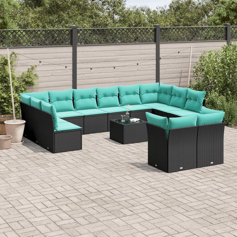 vidaXL 12 Piece Patio Sofa Set with Cushions Black Poly Rattan - Black - 24.4x27.2x24.4-With table