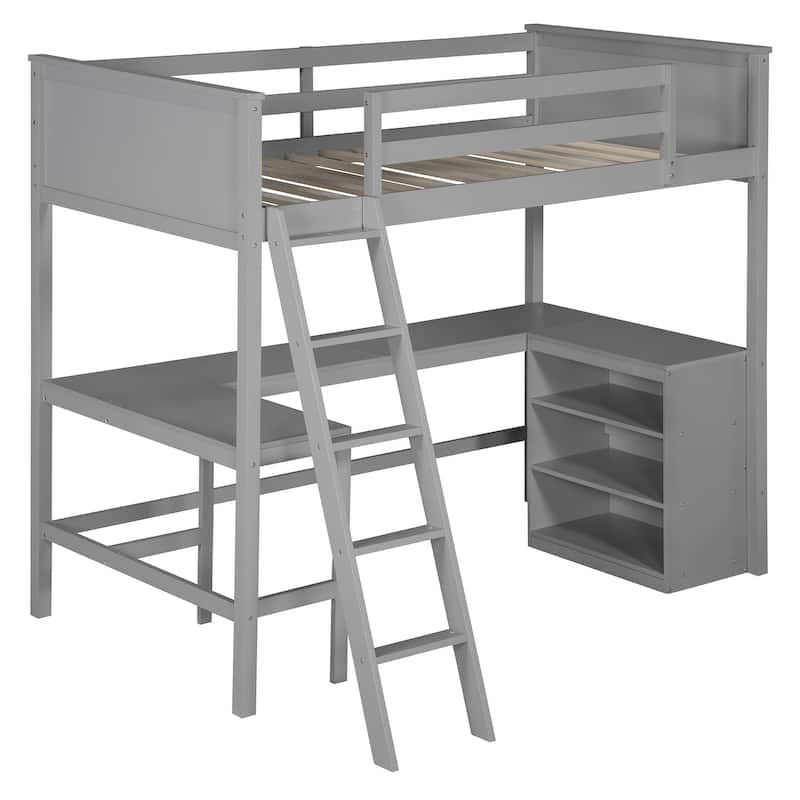 Twin Size Loft Bed with Shelves and Built-in Desk, Wooden Loft Bed with Ladder and Safety Guardrail for Student Boys Girls