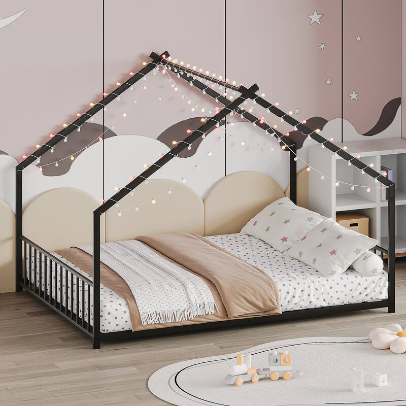 House-shaped Bed Frame, Toddler Kid Iron Floor Bed with House Roof Frame and LED Light Strips, House Daybed