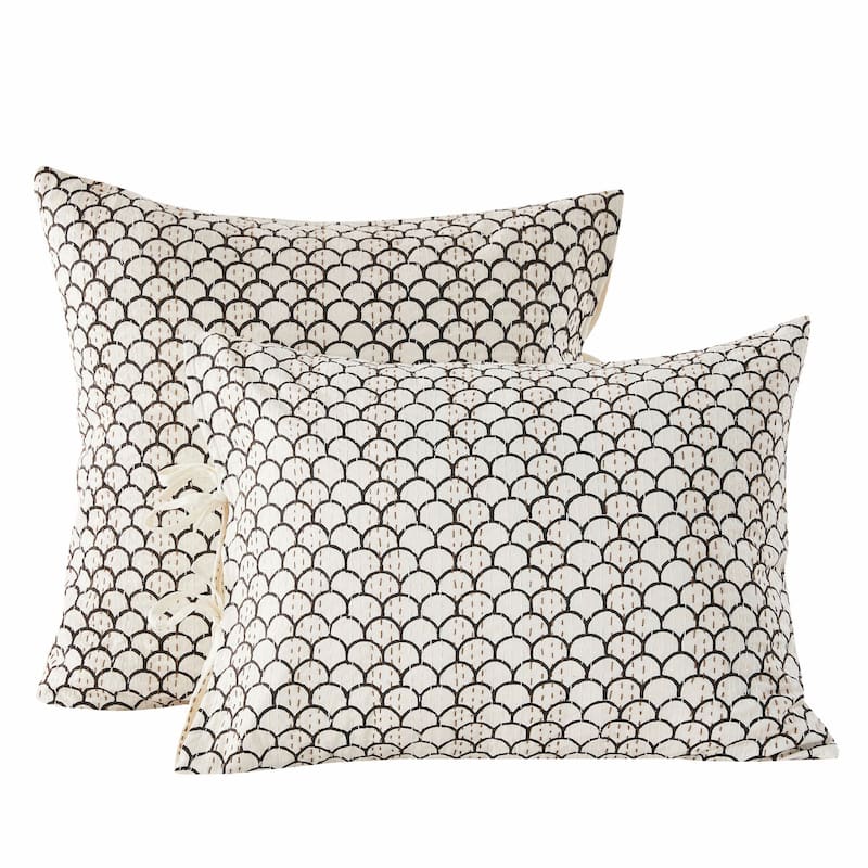 Melange Hand Stitched Kantha Block Print Pillow Sham Pair - 20x26 - Beige