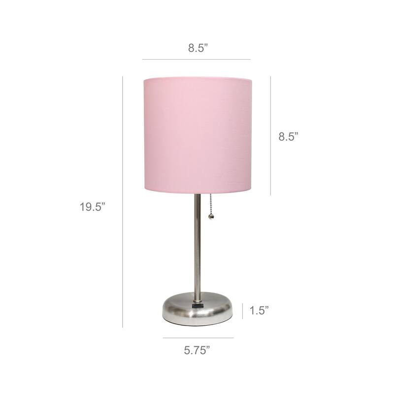 19.5 in. Brushed Steel Finish Table Lamp with Pink Shade, Durable Stick Lamp for End/Side Tables