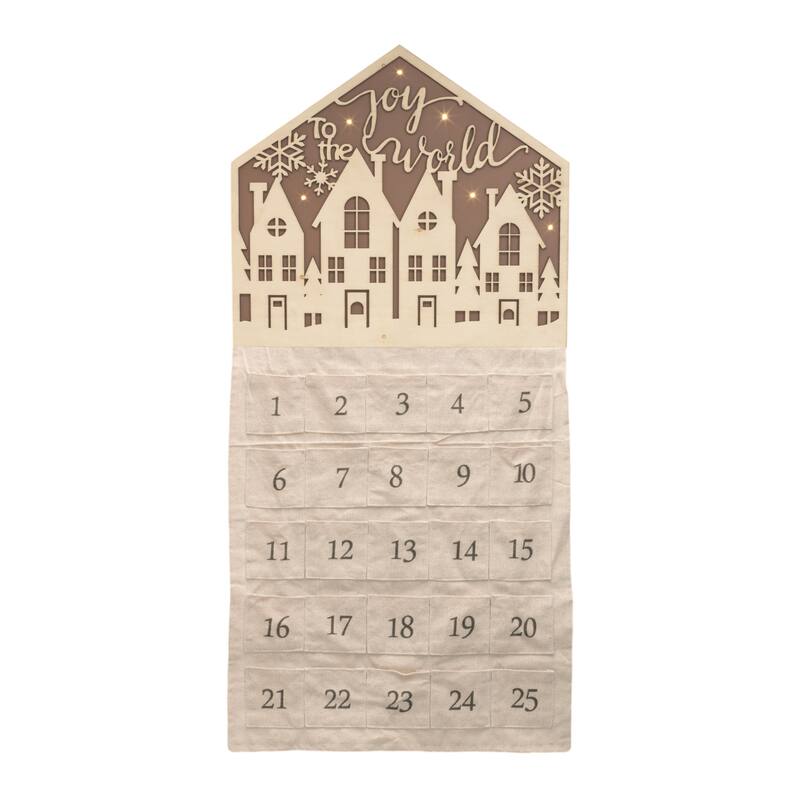 HomeRoots 35" X 17" Beige Christmas Advent Calendar Joy to the World Wood Hanging Wall Decor