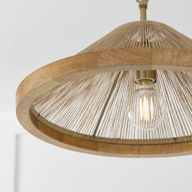 1-Light Dual Mount Pendant in Matte Brass with Mango Wood and Handwrapped Natural Jute Rope String