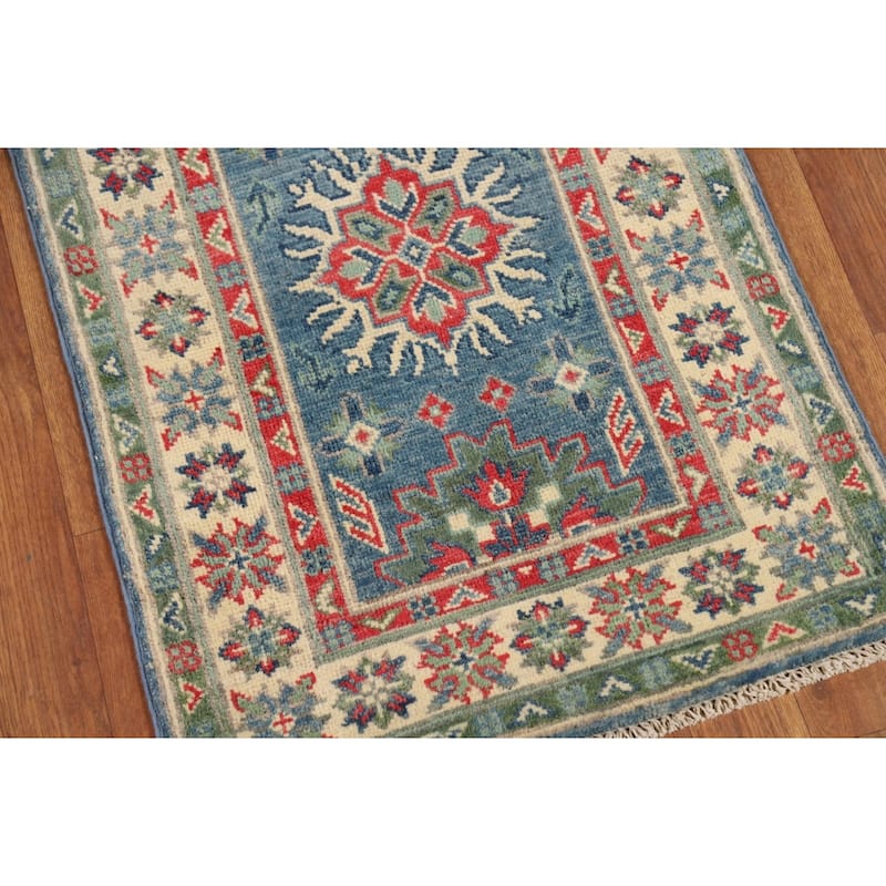 Blue Kazak Oriental Accent Rug Hand-Knotted Wool Carpet - 2'0" x 3'0"