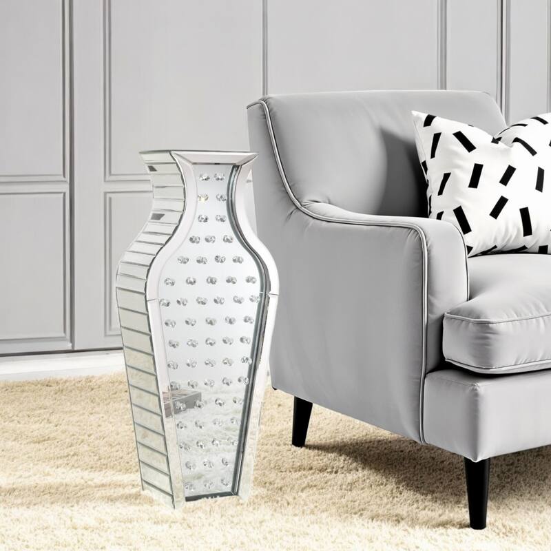 Silver Mirrored Glass Floor Vase 28 Inch Tall with Crystal Trim - Silver