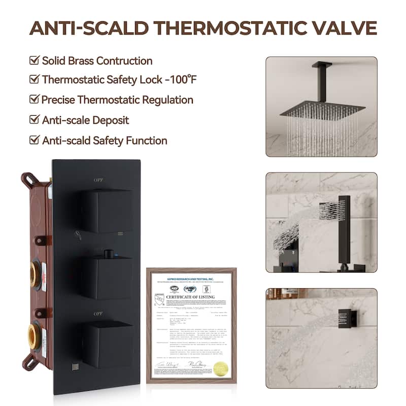 Thermostatic 3-Spray 12 in. Ceiling Mount Shower System with Handheld Shower Head and 6 Body Jets - 12" x 12"
