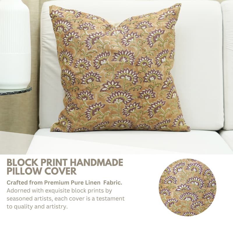 Fabdivine Handmade Block Print 20x20 Inch Cushion Cover Floral Fall Farmhouse Décor Rustic Square Pillowcase, Rajnigandha