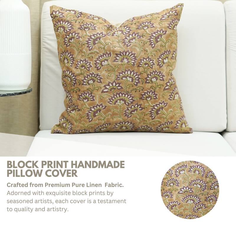 Fabdivine Handmade Block Print 26x26 Inch Cushion Cover Floral Fall Farmhouse Décor Rustic Square Pillowcase, Rajnigandha