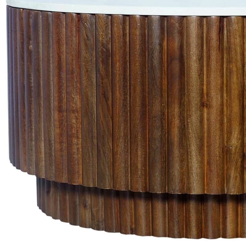 HomeRoots 36" Brown Genuine Marble And Solid Wood Round Drum Coffee Table - 36.00 in. x 18.00 in. x 36.00 in.