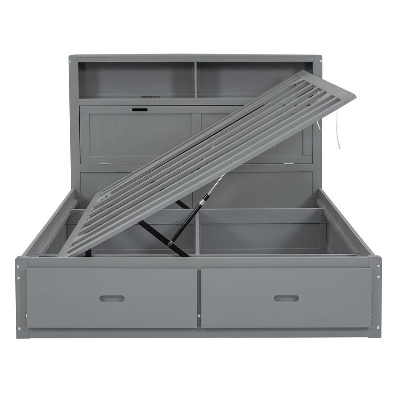 Full/Queen Size Hydraulic Storage Platform Bed Frame with LED, Charging Station and 2 Drawers
