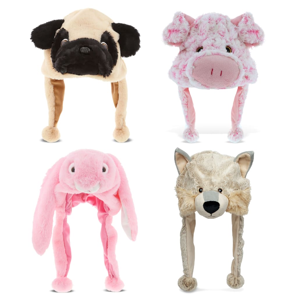 DolliBu Farm Plush Hats Set of 4 – Bunny, Wolf, Pug Dog, Pig Warm Hat - One Size