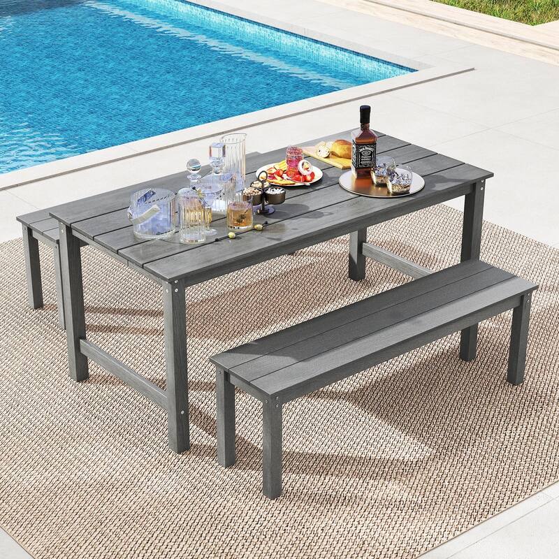 Gymax 3PCS Dining Table Set w/ 2 BenchesPatio HDPE Weather Resistant - Grey