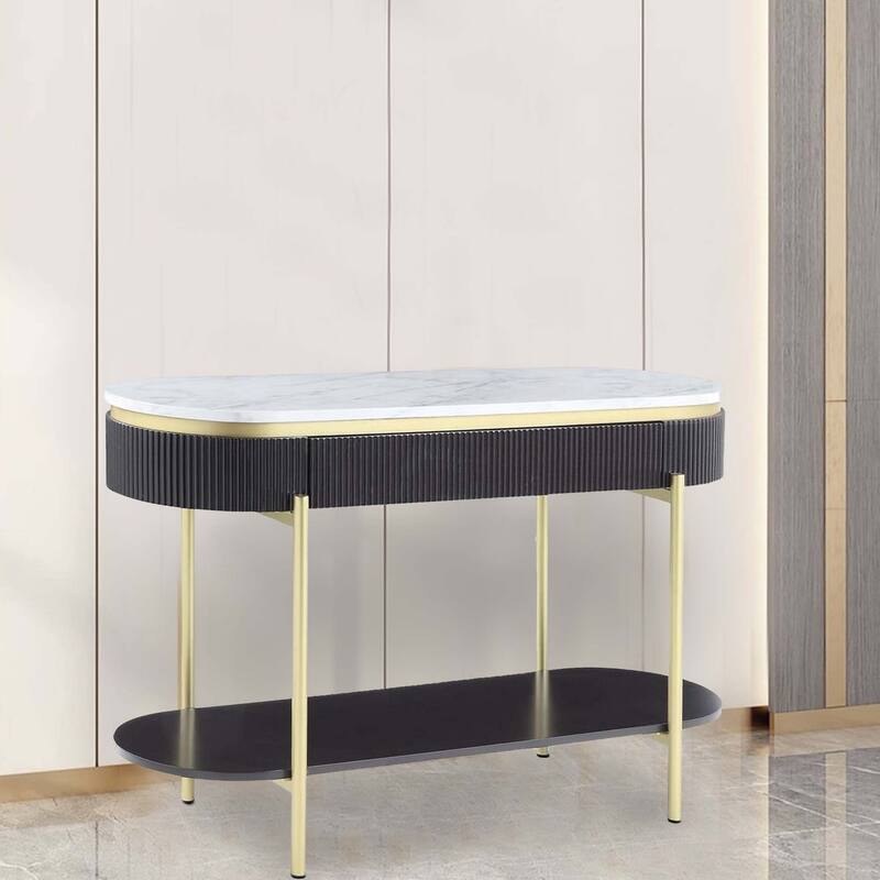 Ville 48 Inch Oblong Sofa Console Table, White Faux Marble Top, Reeded Edge