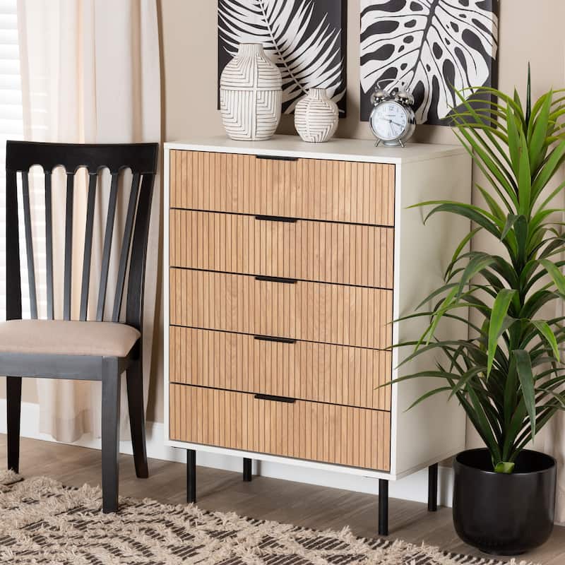 Karima Mid-Century Modern Two-Tone White and Natural Brown Finished Wood and Black Metal 5-Drawer Storage Cabinet