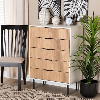 Karima Mid-Century Modern Two-Tone White and Natural Brown Finished Wood and Black Metal 5-Drawer Storage Cabinet