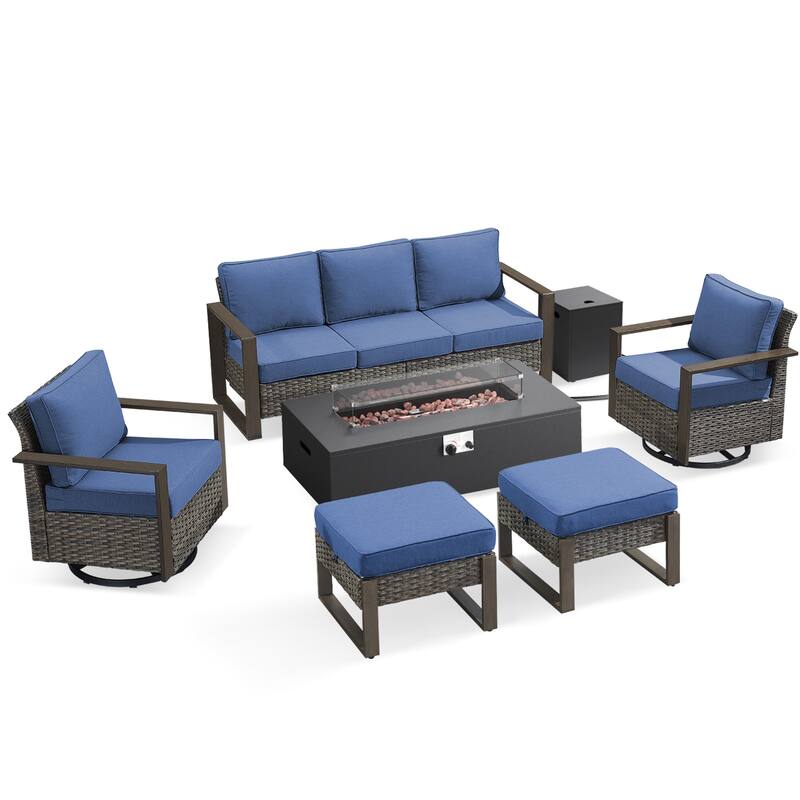 Pocassy 43 In Fire Pit w/ Outdoor Sofa Swivel Chair Ottoman Set