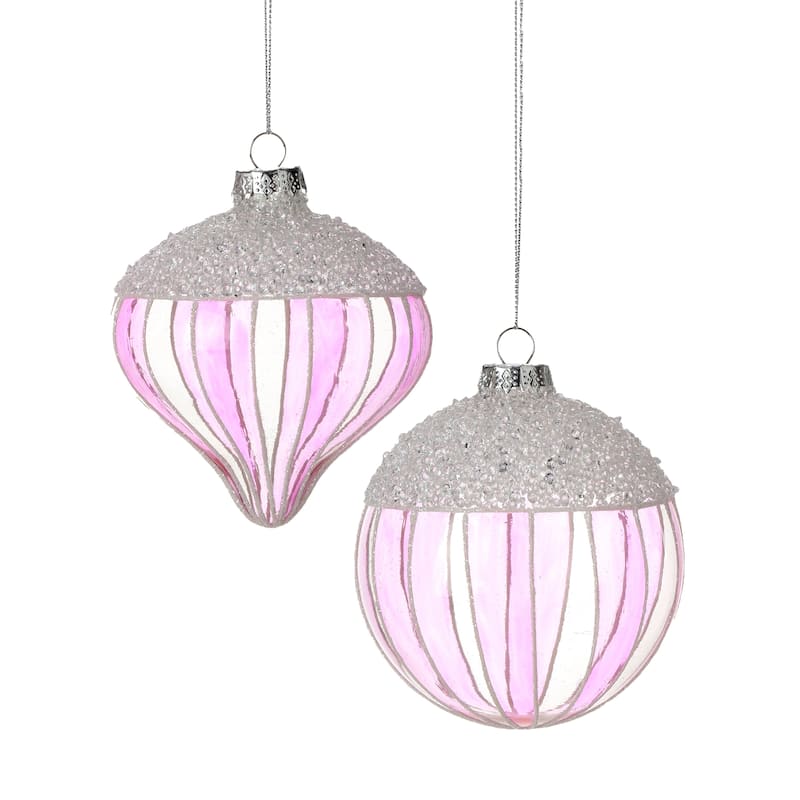 4" Glass With Ice Stripe Ball And Onion Ornament Set of 2