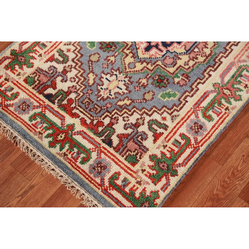 Hand Knotted Oriental 100% Wool Carpet Traditional Geometric Navy Blue & Blues Heriz (serapi) Runner Rug - 8' 1'' X 2' 6''