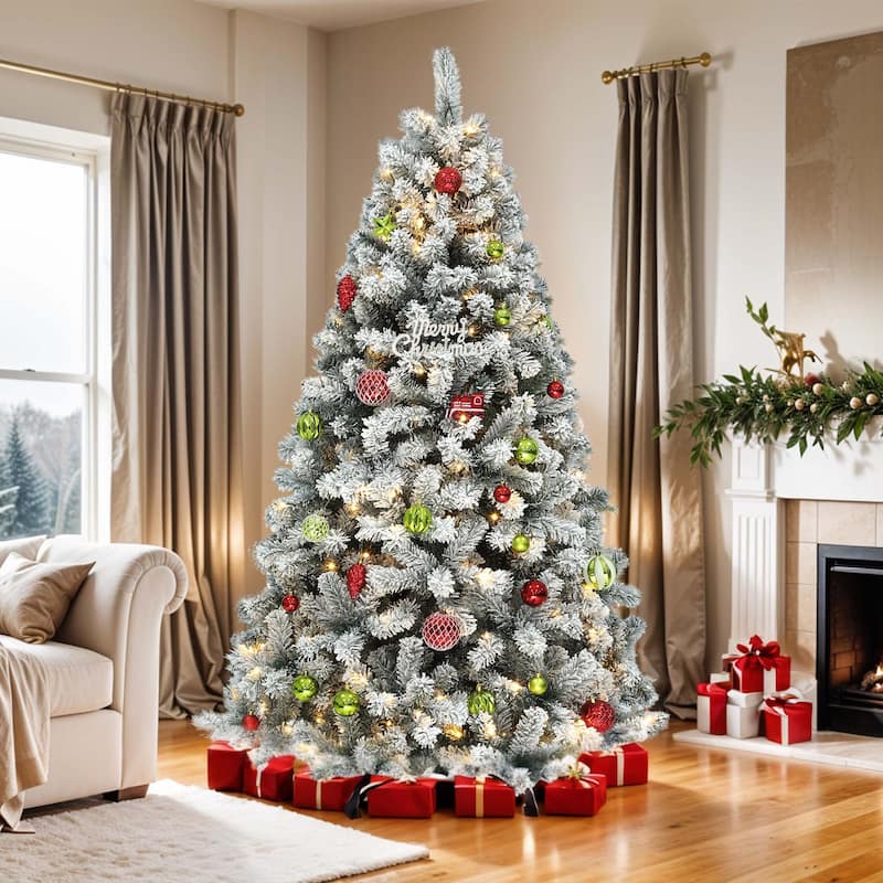 6 /7.5 /9 ft Prelit Snow Flocked Christmas Tree with Remote, 11 Light Modes & Foldable Base