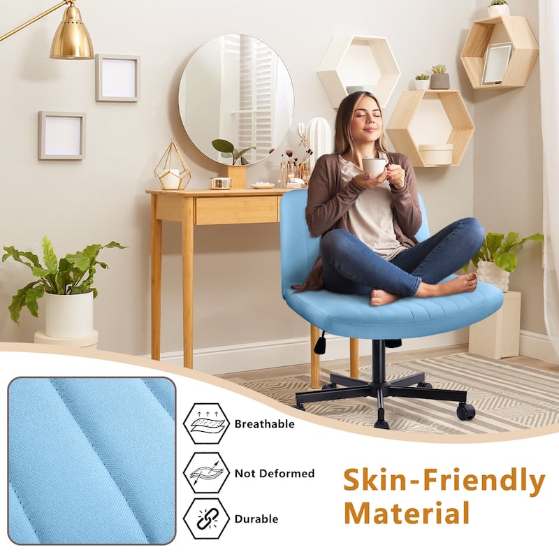 Bossin Criss Cross Chair Armless Office Desk Chair with Wheels,Fabric Padded Cross Legged Chair, Swivel Wide Seat Vanity Chair