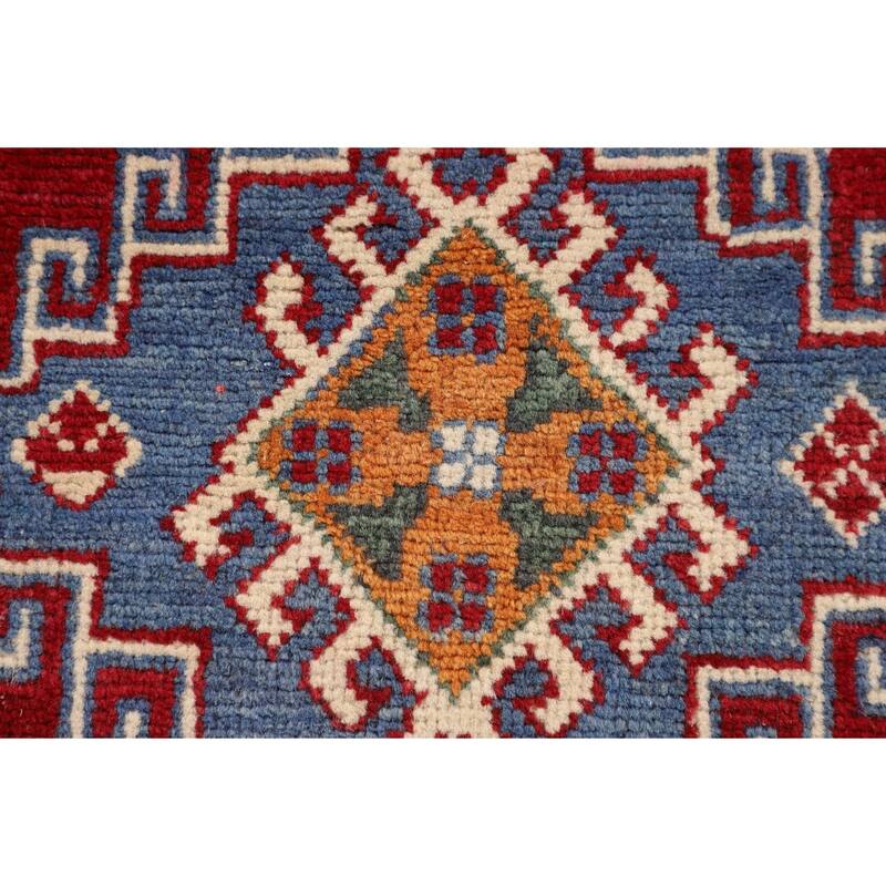 Geometric Red Kazak Accent Rug Hand-Knotted Foyer Wool Carpet - 2'9" x 4'1"