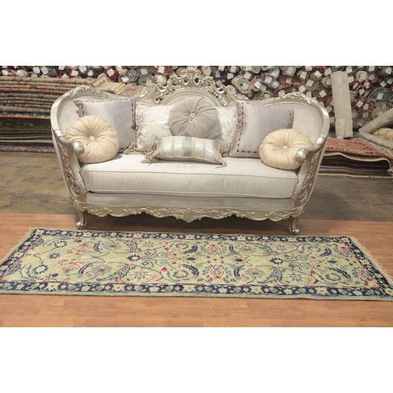 Hand-knotted Transitional Wool Carpet Green Oushak Rug Oriental Carpet Floral Area Rug Oriental Carpet - 8' 0'' X 2' 6''