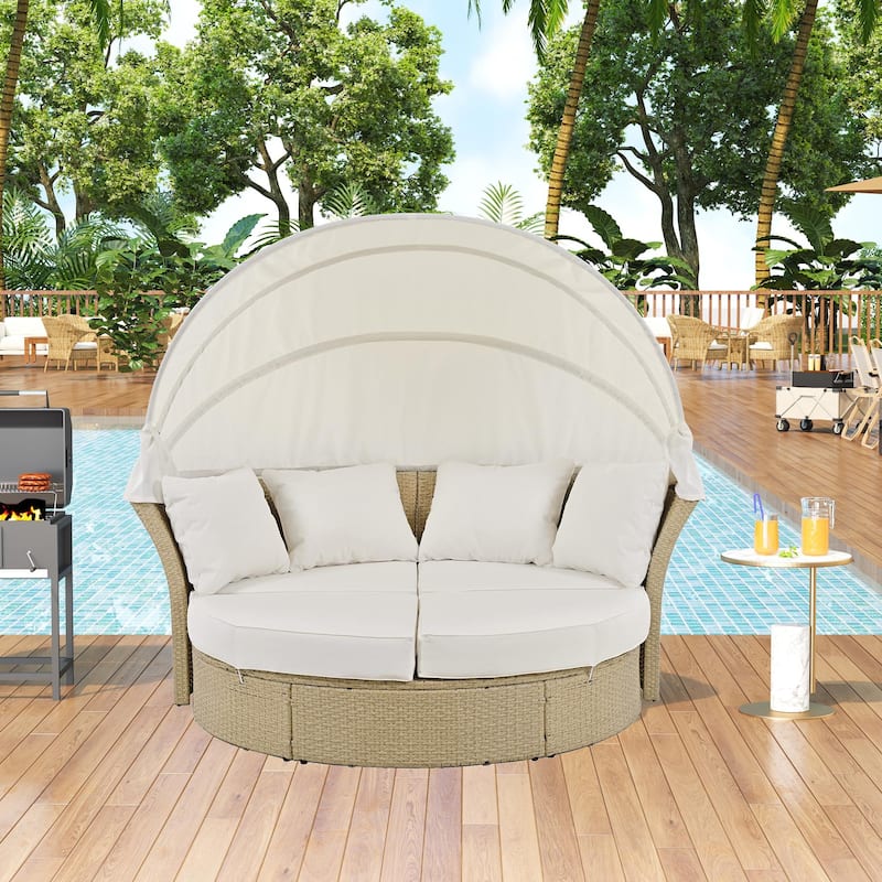 Outdoor Wicker Rattan Double Daybed with Canopy & 4 Pillows - Beige