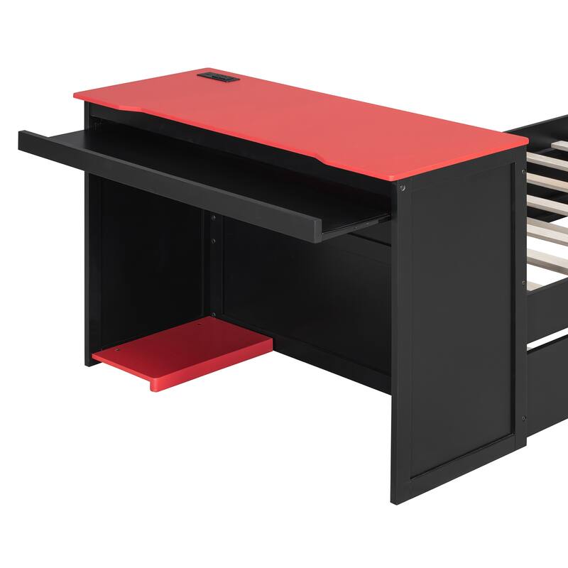 Wood Daybed with Trundle & Built-in Desk, LED Lights & USB Charging Port, Available in Full or Twin