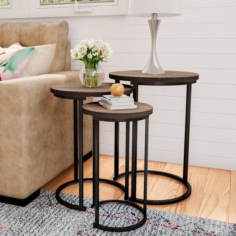Lavish Home Round Living Room End Tables Nesting Tables, Set of 3 - Gray-Brown Woodgrain