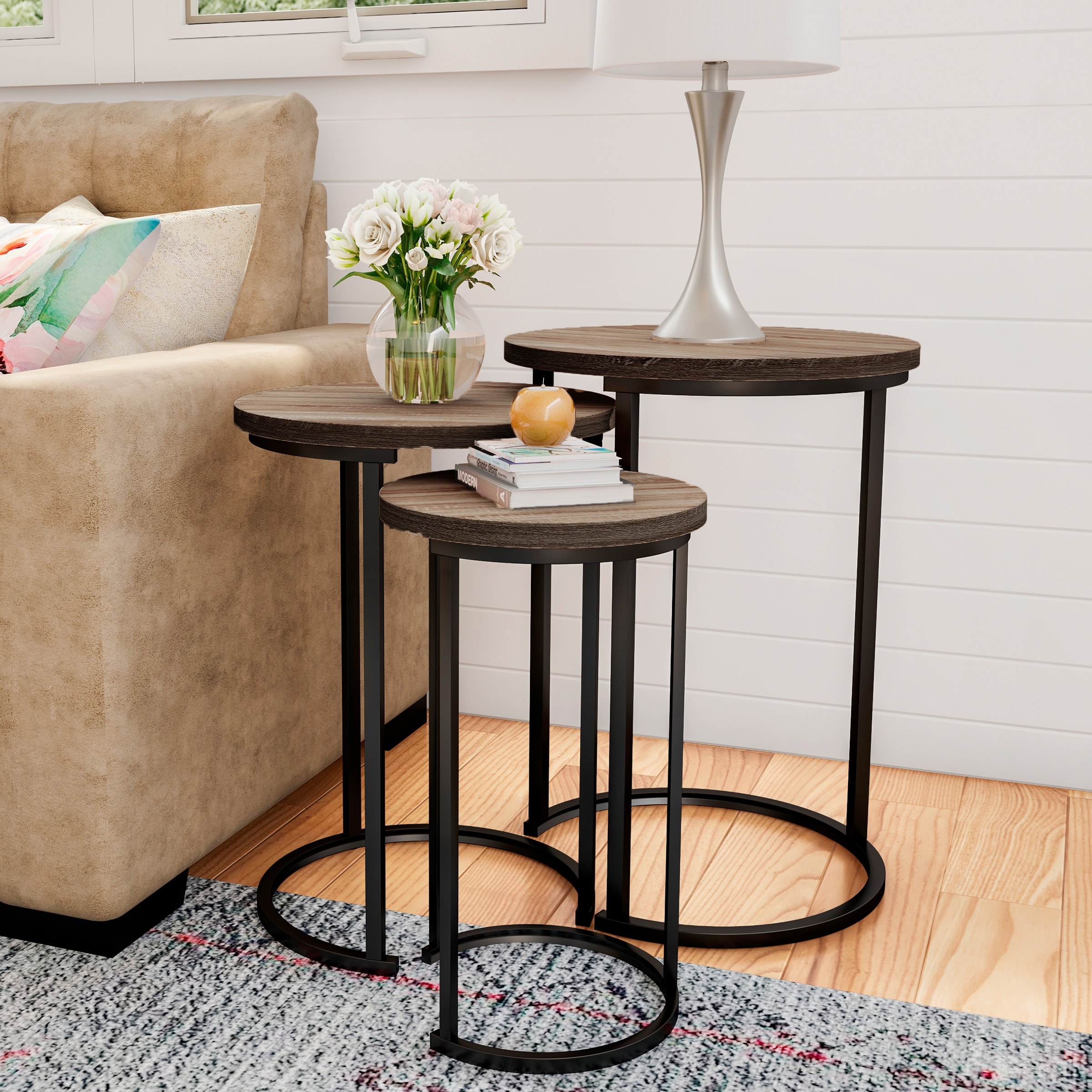 Round Nesting Set of 3 Modern Woodgrain Look with Black Base for Living Room Coffee Tables or Nightstands-Accent Home Furniture