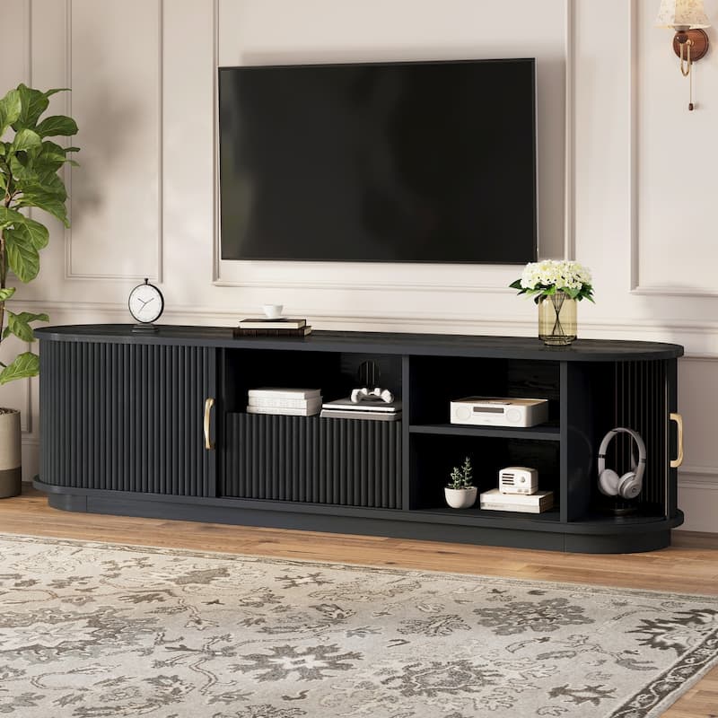 Vintage TV Stand with Sliding Wood Slatted Doors for TVs up to 75", with Drawer, Wood Grain Media Console with Cable Management - Black