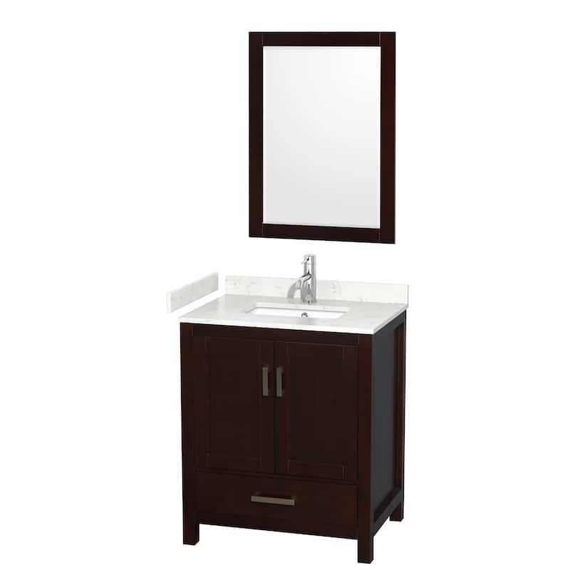Sheffield Single Bathroom Vanity Set, Cultured Top, 24-Inch Mirror - 30-Inch Single - Espresso, Carrara Cultured Marble Top, Chrome Trim