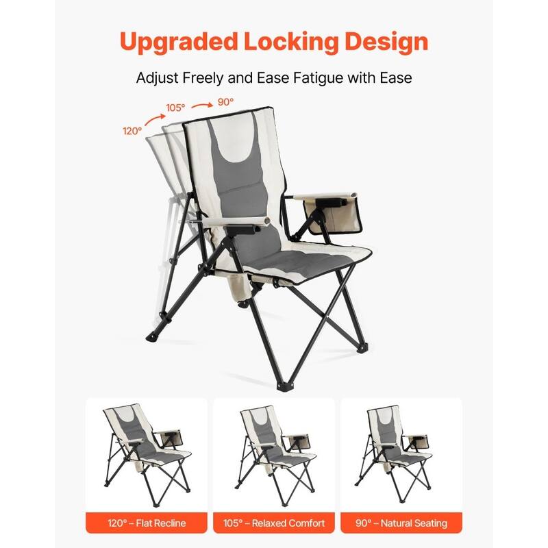 Beige-Grey High-Back Folding Camping Chair with Cotton-Padded Oxford Fabricand Adjustable Recline - 22.83” x 32.67” x 55.11”