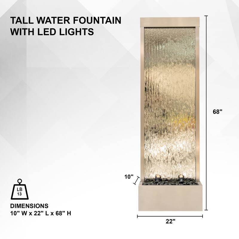 XBrand 68 in H Freestanding Waterfall Fountain, LED Lights & Auto-Shut Off Pump, Stainless Steel/Mirror Glass,Silver Frame