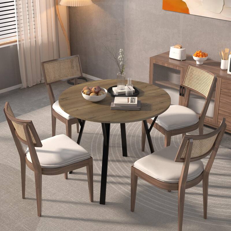 Anmytek Round Dining Table Modern Wood Top and Metal Frame Brown Industrial Kitchen Table