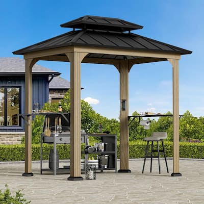 Grill Gazebo 6' X 8', Permanent Aluminum BBQ Gazebos with Shelves and Paper Towel Holder, Wood-Looking