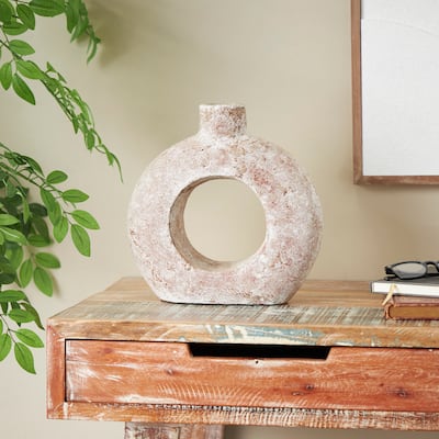 Cream Ceramic Antique Style Textured Circle Donut Decorative Vase